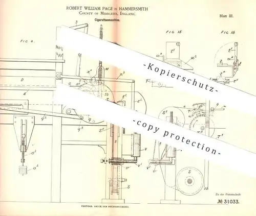 original Patent - Robert William Page , Hammersmith , Middlesex , England , 1884 , Zigaretten - Maschine | Zigarette !!