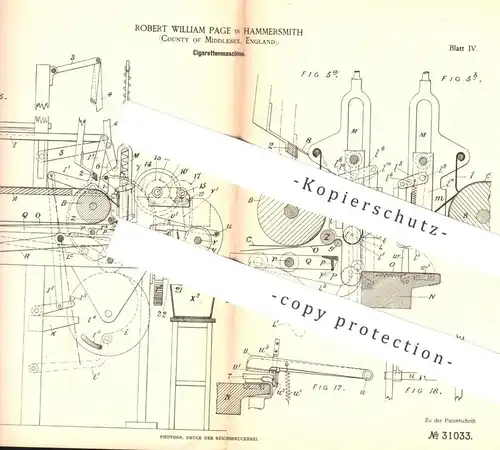 original Patent - Robert William Page , Hammersmith , Middlesex , England , 1884 , Zigaretten - Maschine | Zigarette !!