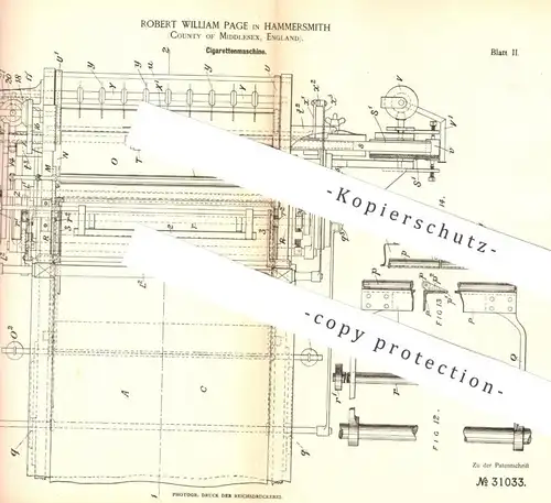 original Patent - Robert William Page , Hammersmith , Middlesex , England , 1884 , Zigaretten - Maschine | Zigarette !!