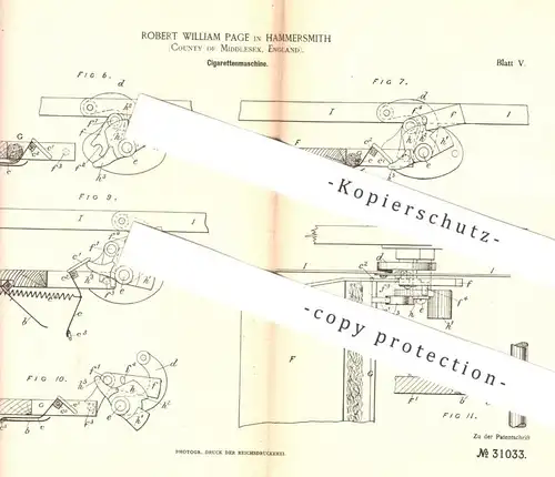 original Patent - Robert William Page , Hammersmith , Middlesex , England , 1884 , Zigaretten - Maschine | Zigarette !!