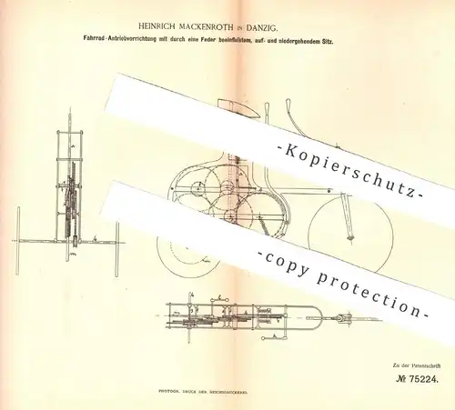 original Patent - Heinrich Mackenroth , Danzig / Polen , 1893 , Fahrrad - Antrieb | Fahrräder | Zahnrad , Rad , Räder !!