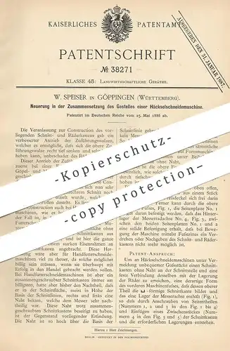 original Patent - W. Speiser , Göppingen / Württemberg , 1886 , Gestell einer Häckselschneidemaschine | Schneidemaschine