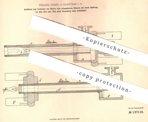 original Patent - Erhard Stahl , Glauchau / Zwickau , 1901 , Überzug von Blei , Zinn o. Zink mittels Lötmittel | Löten !