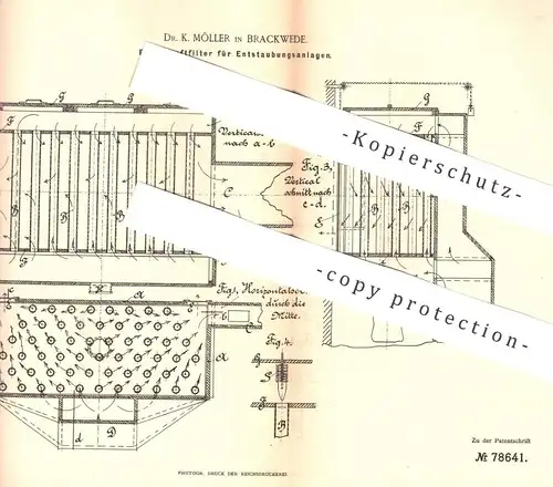 original Patent - Dr. K. Möller , Brackwede / Bielefeld , 1894 , Luftfilter f. Entstaubungsanlage | Staubsauger , Filter