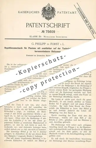 original Patent - G. Philipp , Forst / Lausitz / Cottbus 1893 , Repetationsmechanik für Piano , Klavier , Flügel | Musik