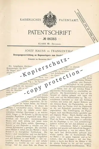 original Patent - Josef Hauss , Frankenthal / Rhein , 1895 , Bogenanleger für Schnellpresse | Presse , Druck , Papier !