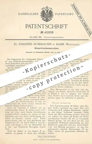 original Patent - Dr. Johannes Hundhausen , Hamm / Westfalen , 1888 , Klebertrockenmaschine | Kleber , Leim , Klebe !!