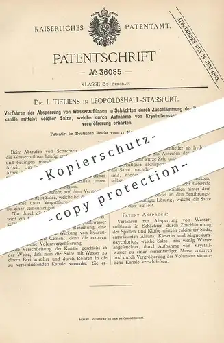 original Patent - Dr. L. Tietjens , Leopoldshall - Stassfurt , 1885 , Absperrung von Wasserzufluss | Bergbau , Schacht !