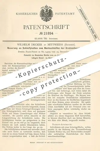 original Patent - Wilhelm Decker , Mittweida / Sachsen , 1882 , Schleifplatten zum Nachschleifen der Kratzenbeschläge !