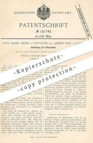 original Patent - Paul Dame , Henri J. Pottevin , Albert Piat , Paris , Frankreich , 1899 , Abdichtung für Filterplatten