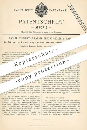 original Patent - Basler Chemische Fabrik Bindschedler , Basel , 1893 , Darstellung von Benzoësäuresulfinid | Saccharin
