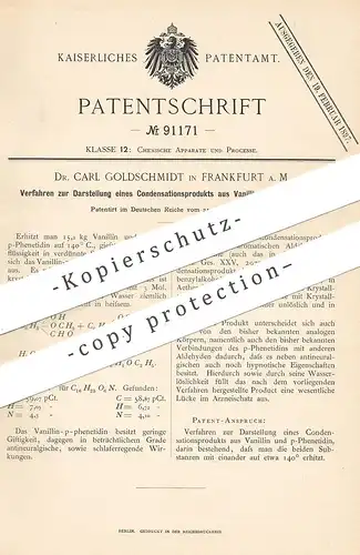 original Patent - Dr. Carl Goldschmidt , Frankfurt / Main , 1896 , Kondensationsprodukt aus Vanillin u. p-Phenetidin !!!