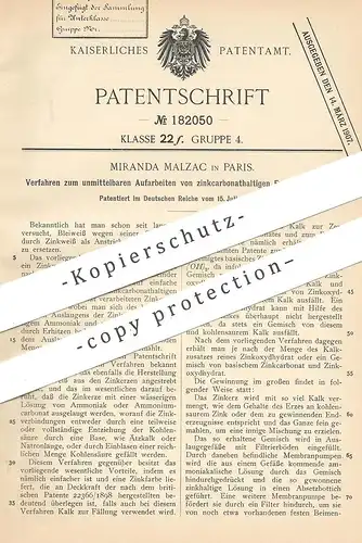 original Patent - Miranda Malzac , Paris , Frankreich , 1903 , Aufarbeiten zinkcarbonathaltiger Erze auf Farben | Farbe