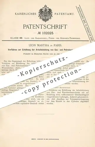 original Patent - Leon Martha , Paris , Frankreich , Arbeitsleistung von Gasmotor , Petroleum - Kraftmaschine | Motor