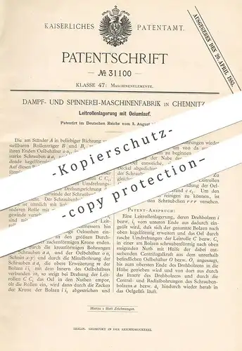 original Patent - Dampf- & Spinnerei - Maschinenfabrik , Chemnitz , 1884 , Leitrollenlagerung mit Ölumlauf | Öl , Lager
