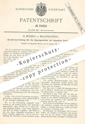original Patent - H. Büssing , Braunschweig , 1885 , Arretiervorrichtung für Spanngewichte bei doppeltem Drahtzug !!