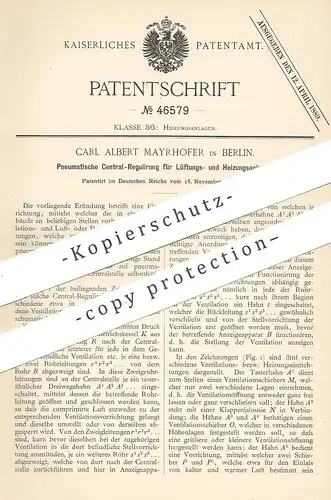 original Patent - Carl Albert Mayrhofer , Berlin , 1887 , Pneumatische Zentral - Regulierung für Lüftung u. Heizung !!!
