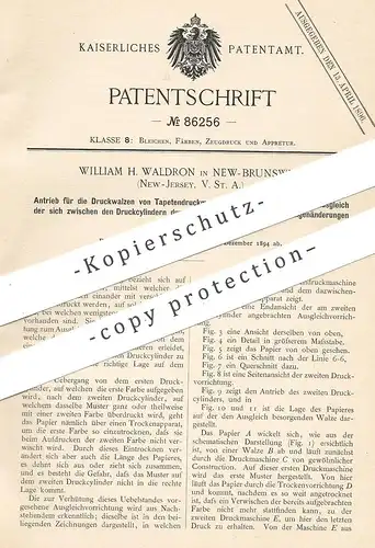 original Patent - William H. Waldron , New Brunswick , New Jersey USA 1894 , Antrieb der Druckwalzen für Tapeten - Druck