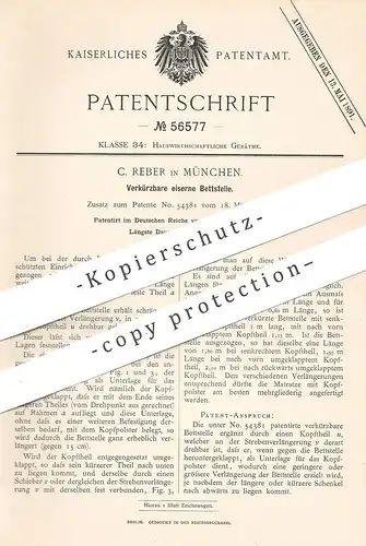 original Patent - C. Reber , München , 1890 , Verkürzbares eisernes Bettgestell | Bett , Betten , Bettenrost !!