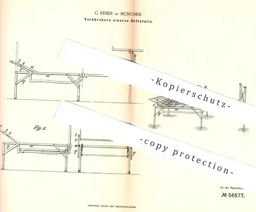 original Patent - C. Reber , München , 1890 , Verkürzbares eisernes Bettgestell | Bett , Betten , Bettenrost !!