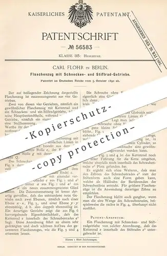 original Patent - Carl Flohr , Berlin , 1890 , Flaschenzug mit Schnecken- und Stiftrad - Getriebe | Hebezeug , Seilzug !