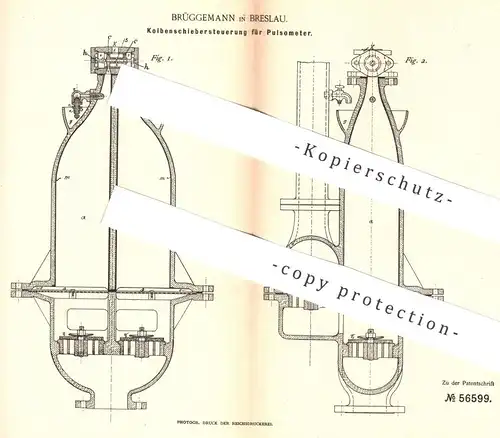original Patent - Brüggemann , Breslau , 1890 , Kolben - Schiebersteuerung für Pulsometer | Pumpe , Pumpen !!!