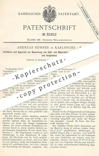 original Patent - Andreas Söhner , Karlsruhe , 1885 , Renovierung von Stickereien mit Fäden aus Gold , Silber | Sticken