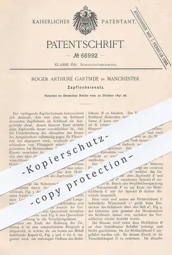 original Patent - Roger Arthure Gartside , Manchester , 1891 , Zapflocheinsatz | Zapfanlage , Bier , Ausschank !!!