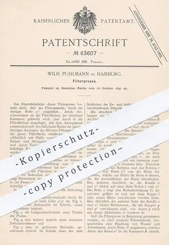 original Patent - Wilh. Puhlmann , Hamburg , 1891 , Filterpresse | Filter - Presse | Pressen , Filtern , Filtration !!!