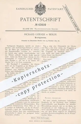 original Patent - Richard Goehde , Berlin , 1891 , Bratglocke | Gasbrenner , Bratpfanne , Backofen , Herd , Koch !!!