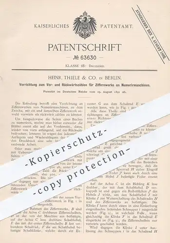 original Patent - Heinr. Thiele & Co. , Berlin , 1891 , Ziffernwerke an Nummeriermaschine | Druck , Druckerei , Zählwerk