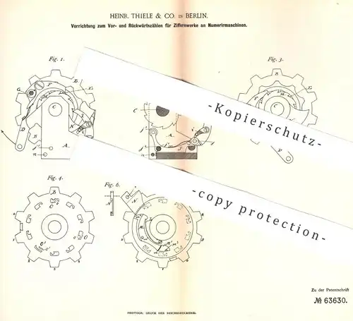 original Patent - Heinr. Thiele & Co. , Berlin , 1891 , Ziffernwerke an Nummeriermaschine | Druck , Druckerei , Zählwerk