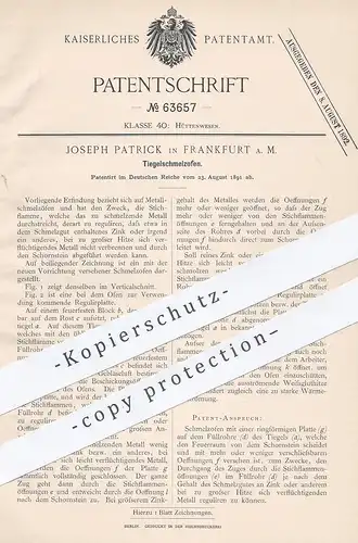 original Patent - Joseph Patrick , Frankfurt / Main , 1891 , Tiegelschmelzofen | Tiegel - Schmelzofen | Metall - Ofen !!