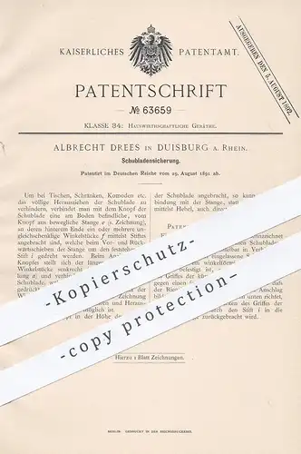original Patent - Albrecht Drees , Duisburg / Rhein , 1891 , Schubladensicherung für Tisch , Schrank , Regal , Möbel !!!