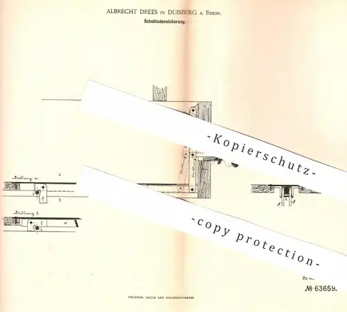 original Patent - Albrecht Drees , Duisburg / Rhein , 1891 , Schubladensicherung für Tisch , Schrank , Regal , Möbel !!!