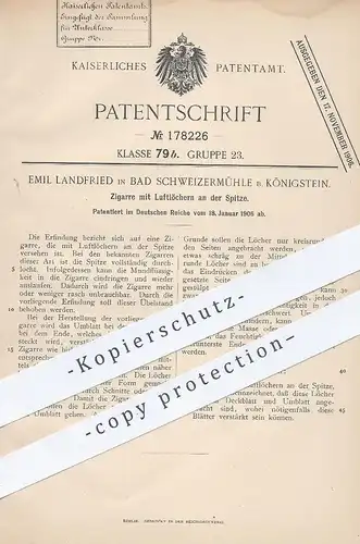 original Patent - Emil Landfried , Bad Schweizermühle / Königstein , 1906 , Zigarre , Zigarren | Tabak , Rauchen !!!