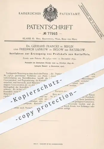 original Patent - Dr. Gerhard Francke , Berlin | Friedrich Lankow , Ihlow / Batzelow , Presshefe aus Kartoffeln | Hefe