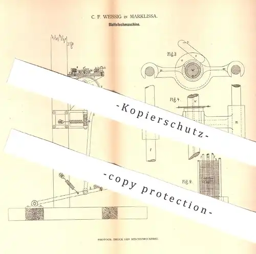 original Patent - C. F. Weissig , Marklissa / Polen , 1880 , Blattstechmaschine | Weben , Weber , Kettenfäden , Garn !!