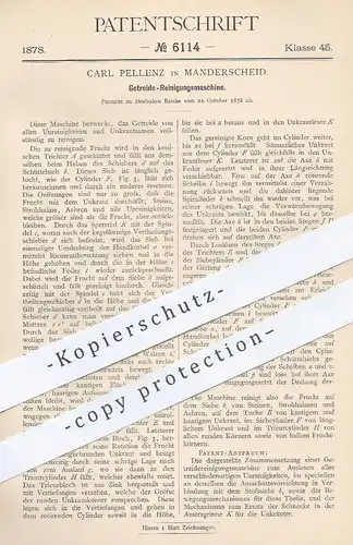 original Patent - Carl Pellenz , Manderscheid / Bitburg , 1878 , Getreide - Reinigungsmaschine | Landwirtschaft , Mühle