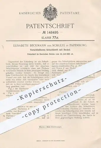 original Patent - Elisabeth Beckmann geb. Schulte , Papenburg , 1902 , Schachbrett mit Deckel | Schach , Schachspiel !!