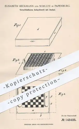 original Patent - Elisabeth Beckmann geb. Schulte , Papenburg , 1902 , Schachbrett mit Deckel | Schach , Schachspiel !!