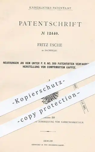 original Patent - Fritz Esche , Zschipkau / Schipkau , Senftenberg , 1880 , komprimierter Kaffee | Pressen !!