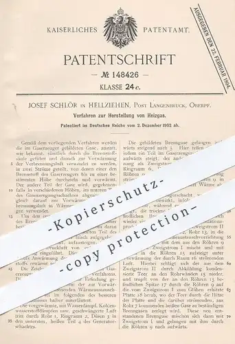 original Patent - Josef Schlör , Hellziehen , Langenbruck / Ingolstadt / Donau 1902 , Herst. von Heizgas | Gas , Heizung