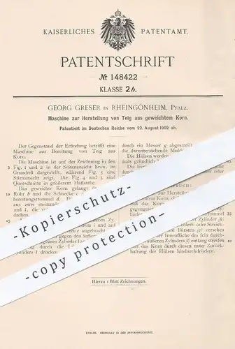 original Patent - Georg Greser , Rheingönheim / Pfalz / Mannheim / Rhein , 1902 , Teigmaschine | Brot , Bäcker , Teig !