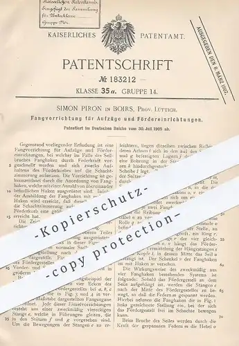 original Patent - Simon Piron , Boirs , Lüttich , 1905 , Fangvorrichtung für Aufzug , Fahrstuhl , Kran | Hebezeug !!!