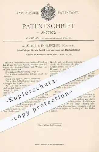 original Patent - A. Lüthje , Fahrenkrug , Holstein , Bad Segeberg , 1894 , Abtragen von Maulwurfshügel | Maulwurf !!