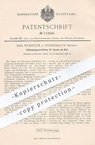 original Patent - Max Wohryzek , Hohenmauth / Böhmen , 1898 , Befestigung für Sensen am Stiel | Sense , Geräte , Gärtner