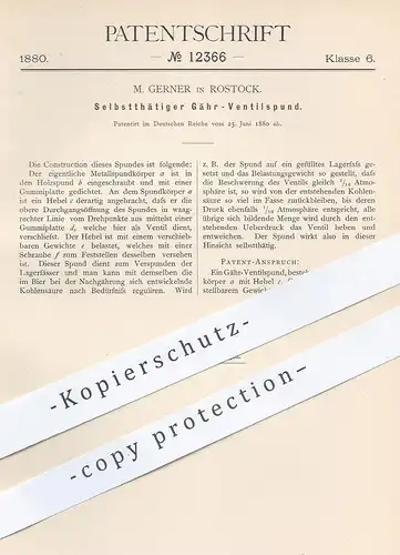 original Patent - M. Gerner , Rostock , Mecklenburg , 1880 , Selbsttätiger Gähr - Ventilspund | Bier , Brauerei , Ventil