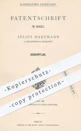 original Patent - Julius Hartmann , Thalmühle / Tharandt , 1878 , Ackerpflug | Pflug , Pflügen , Landwirtschaft , Bauer