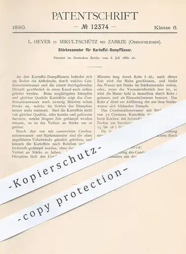 original Patent - L. Heyer , Mikultschütz / Zabrze , Oberschlesien , 1880 , Stärkesammler für Kartoffel - Dampffass !!